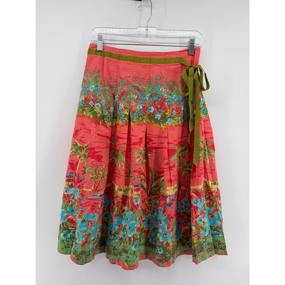 Judy Lee Cole Womens 6 Coral Tropical Floral Landscape Pleated Midi Skirt Ribbon